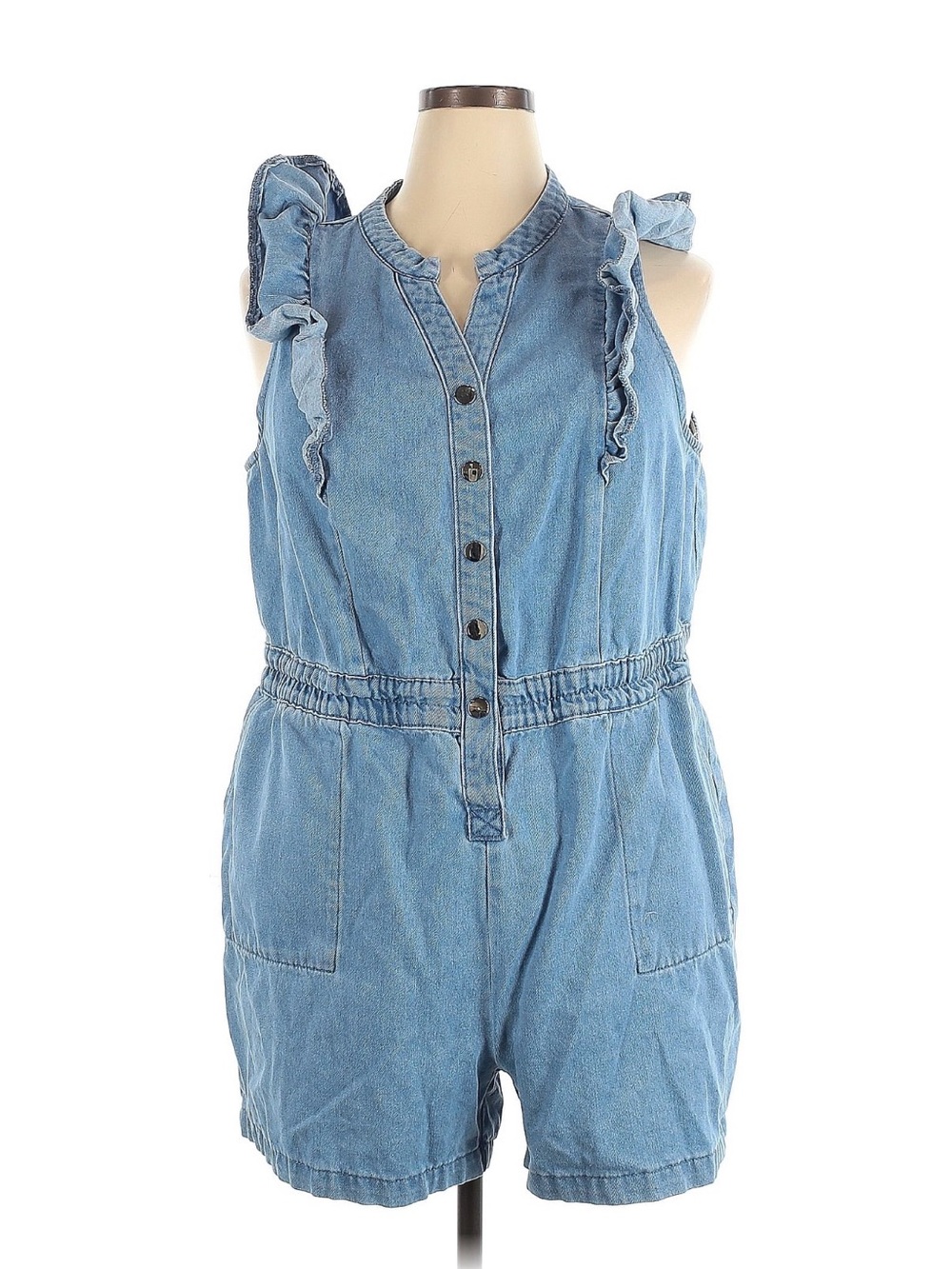 Eloquii Light Blue Denim Romper with Ruffle Straps